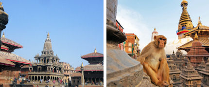 Durbar Square and a monkey perched at Swayambhunath Stupa 