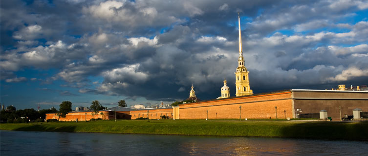The St. Peter and Paul Fortress is on Zayachy Island outside of St. Petersburg.