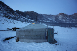 Made of wood and canvas, gers provide warm accommodation in the depths of winter