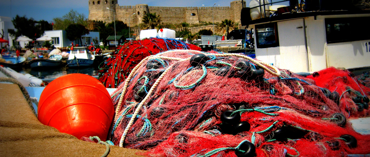 The tango tangled nets of local fishermen in front of Bozcaada fort