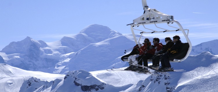 Skiers on their way to the slopes in Flaine
