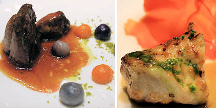 Sample pigeon with 'shot' and monkfish with dehydrated onion
