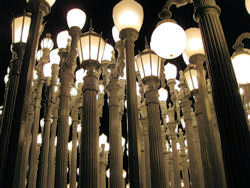 Chris Burden's antique lamp posts look wonderful at night